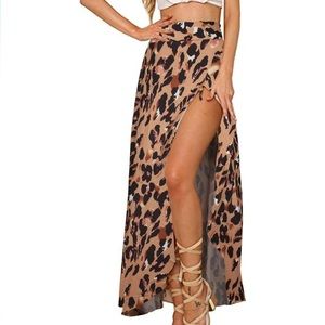 Leopard Print Tie-Up Waist Wrap Maxi Skirt